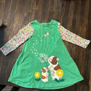 Mini Boden Green Hamster Appliqué Dress Pockets Ditsy Floral Size 3-4Y (104 CM)